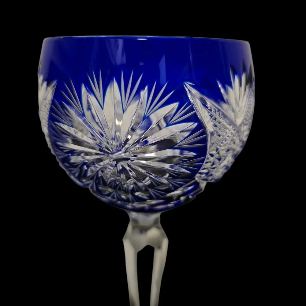 Set 2 Cobalt Blue Crystal Cut Hock‎ Wine Glasses Starburst Val St. Lambert